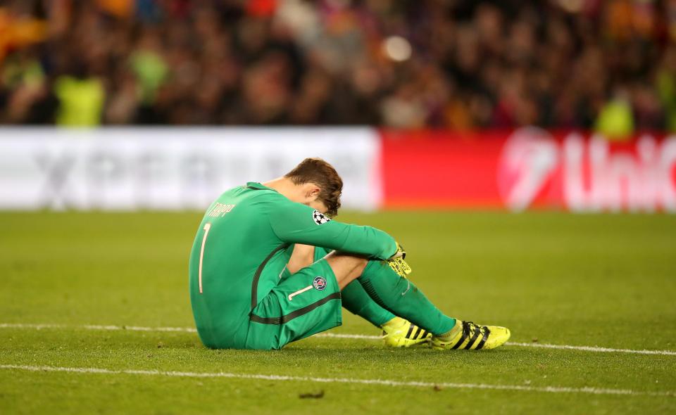  PSG keeper Kevin Trapp is understandably gutted after being hit for six tonight