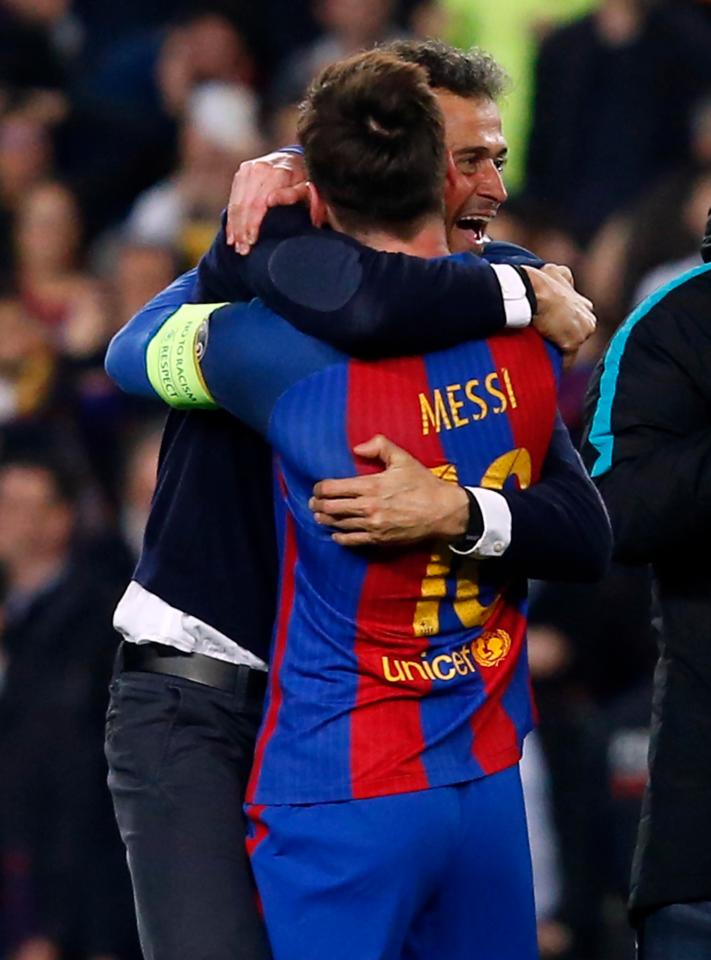  The Argentinian superstar then gets a huge hug from his manager Luis Enrique for his part in the historic game