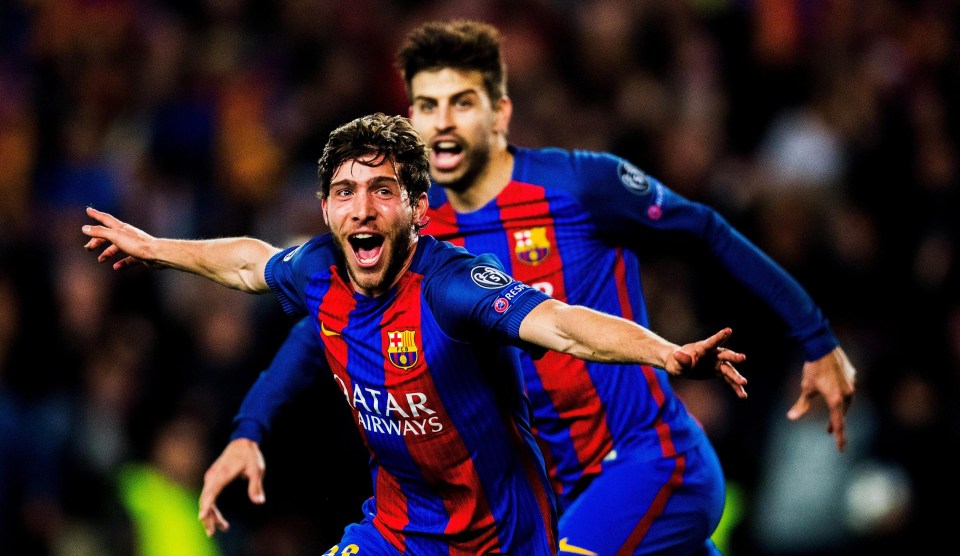 Sergi Roberto celebrates with Gerard Pique behind him after last-gasp goal