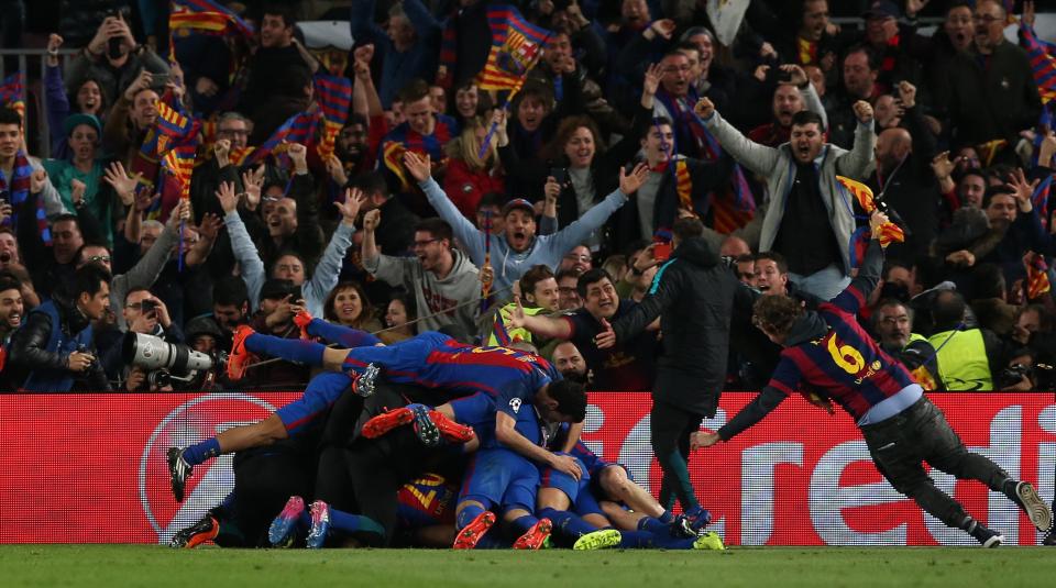  Barcelona players celebrate after Sergi Roberto's incredible last-gasp winner