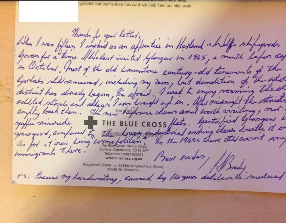  The Moors Murderer reminisced about his childhood in Glasgow in a Christmas card to his pen pal