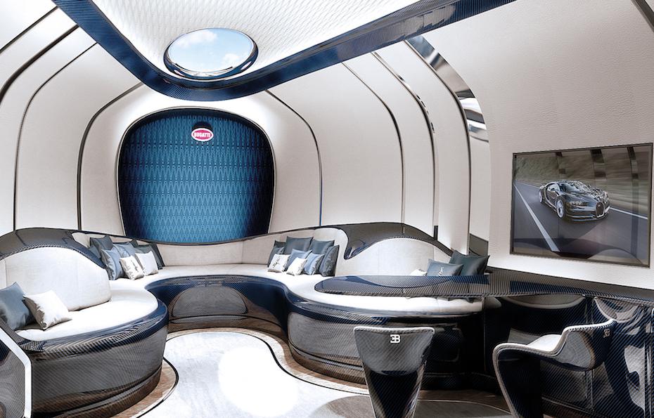  Rather than small cabins, Bugatti has opted for a huge open-plan interior complete with a horseshoe-shape sofa and a flat screen TV