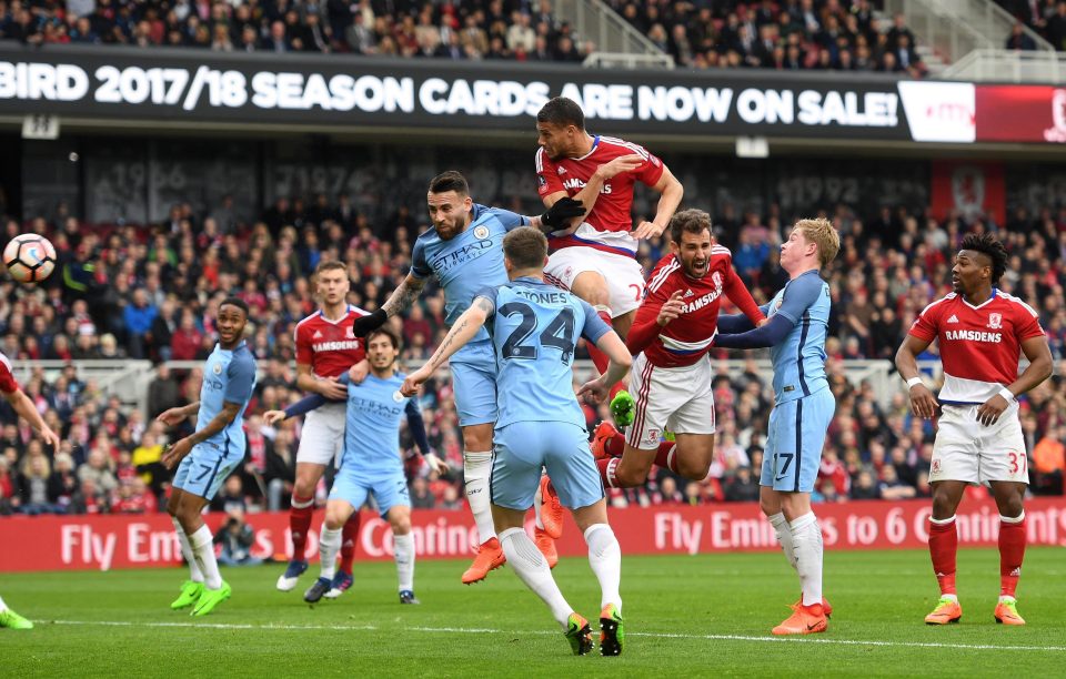  Rudy Gestede climbs high to send a header towards gol as Middlesbrough chased an equaliser