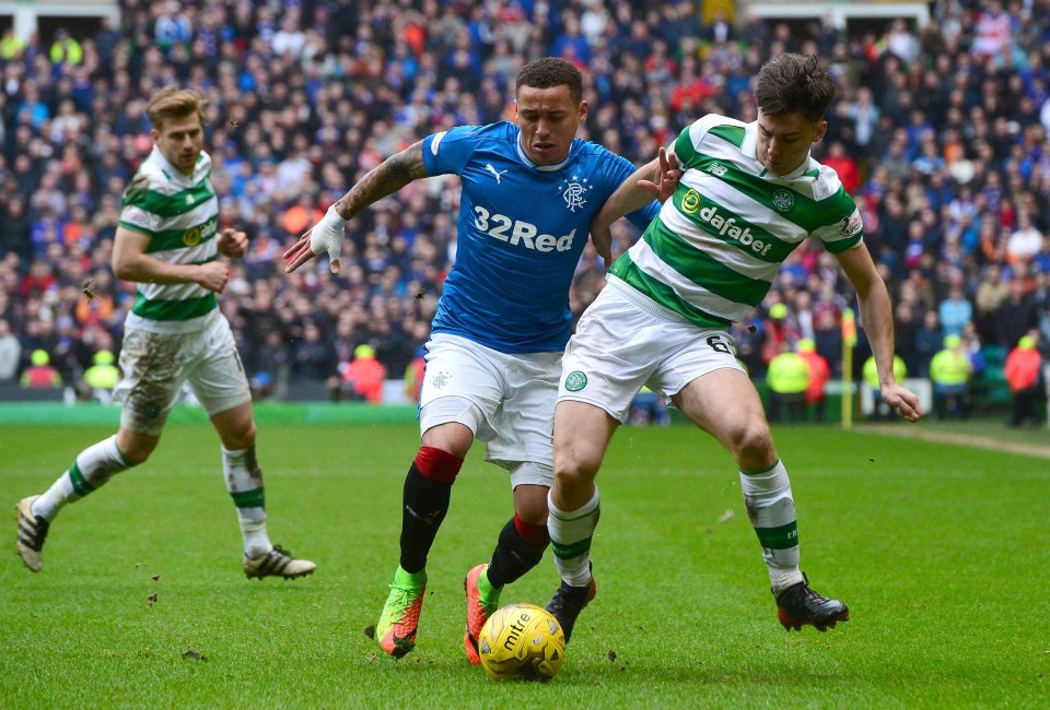 Celtic defender Kieran Tierney (right) in action against James Tavernier of Rangers in last weekend's Old Firm derby