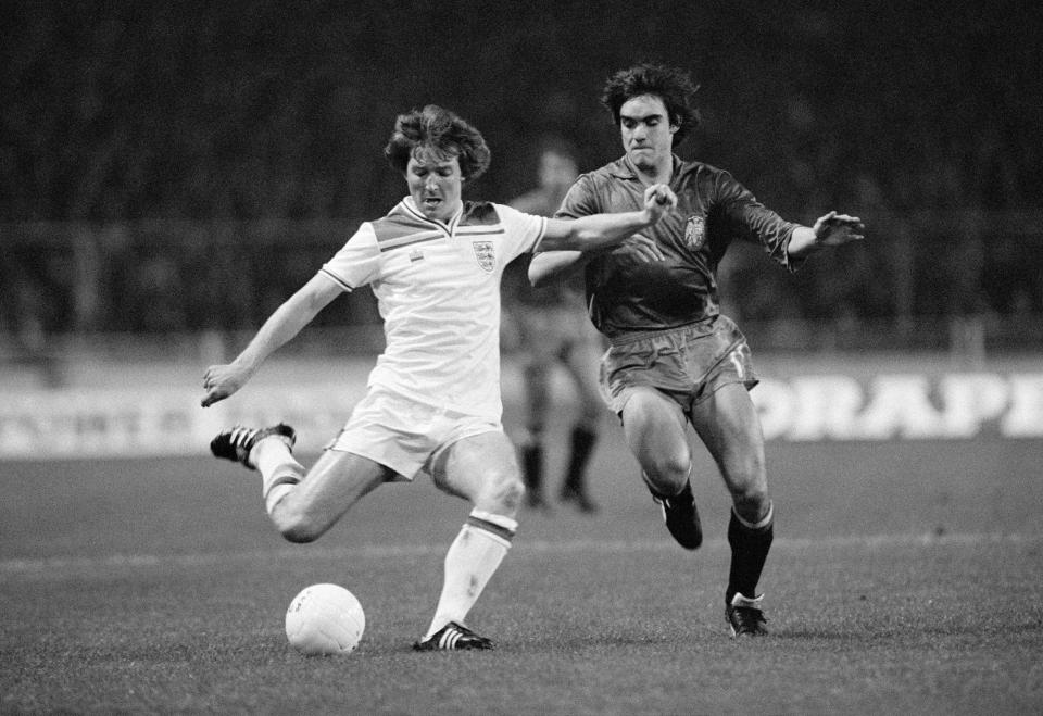  Marcos Alonso, right, on his debut for Spain, against England defender Russell Osman at Wembley in 1981