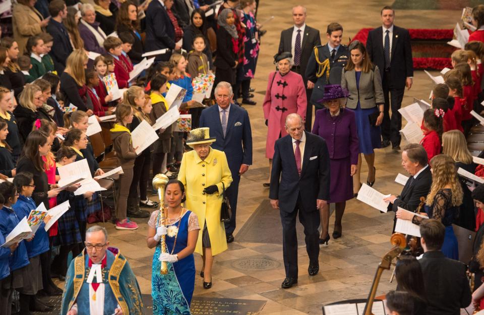  The Queen arrives at the service at Westminster Abbey with Duke of Edinburgh, Prince of Wales and Duchess of Cornwall