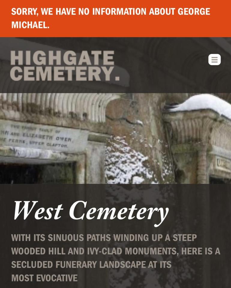  The cemetery has been forced to update its homepage to include a message about the late singer