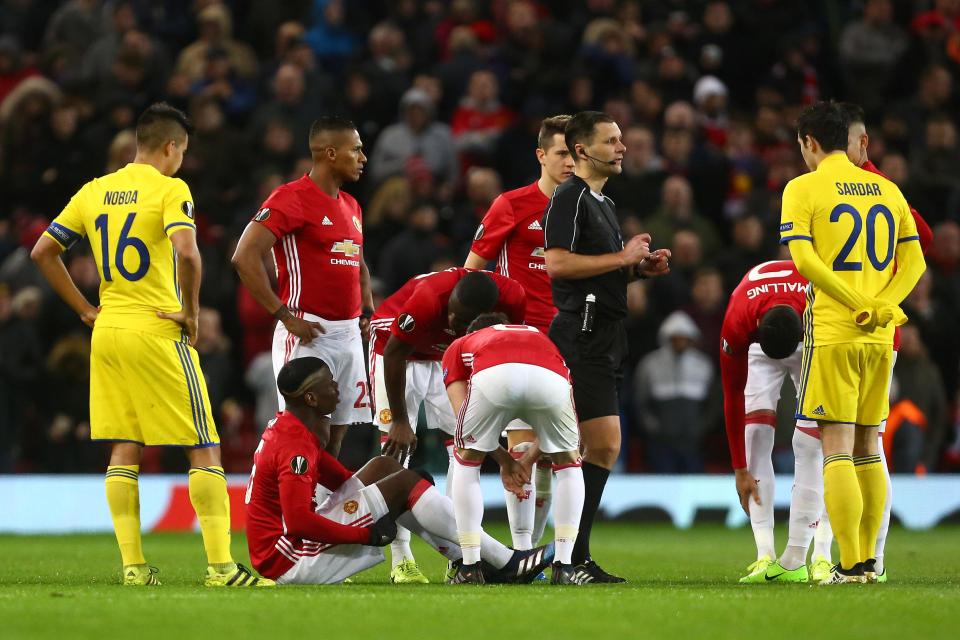  Paul Pogba slumped to the floor after picking up an injury in United's win over Rostov