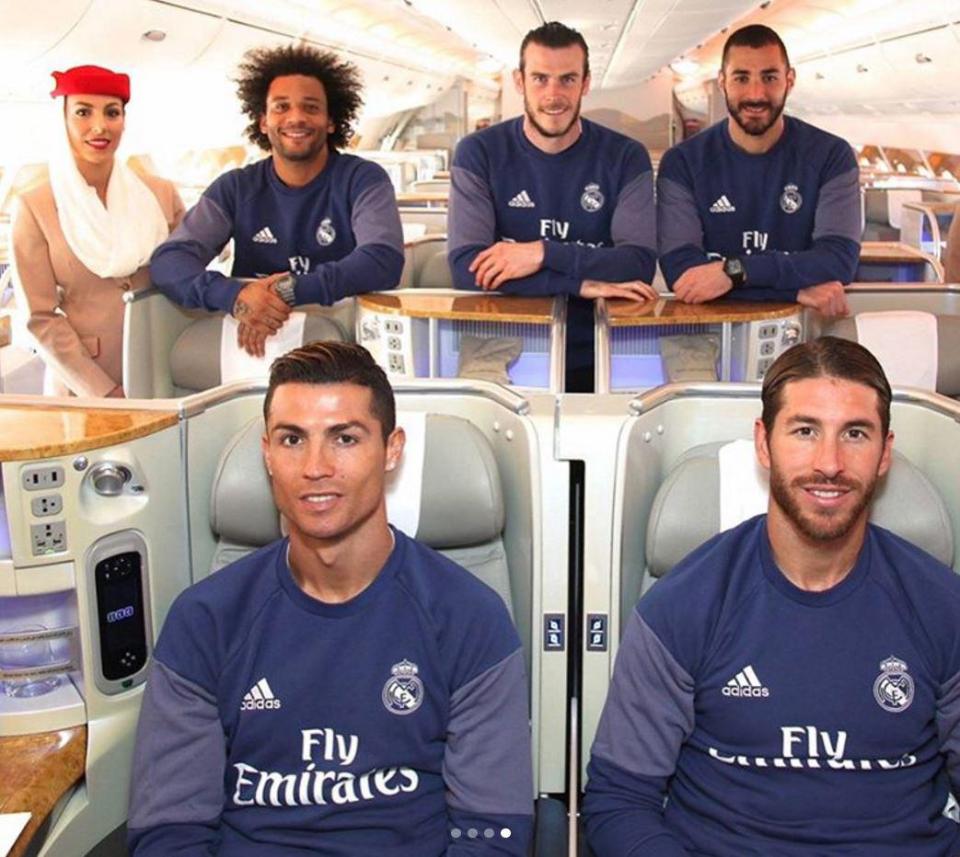  Ronaldo and Sergio Ramos sit in the seats as Marcelo, Gareth Bale and Karim Benzema look on