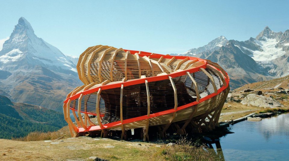 Visitors to this temporary wooden structure in Zermatt, in the Swiss Alps could access it through holes in the wall. Inside, a continuous, walkable double loop encouraged viewers to take a fresh look at the landscape