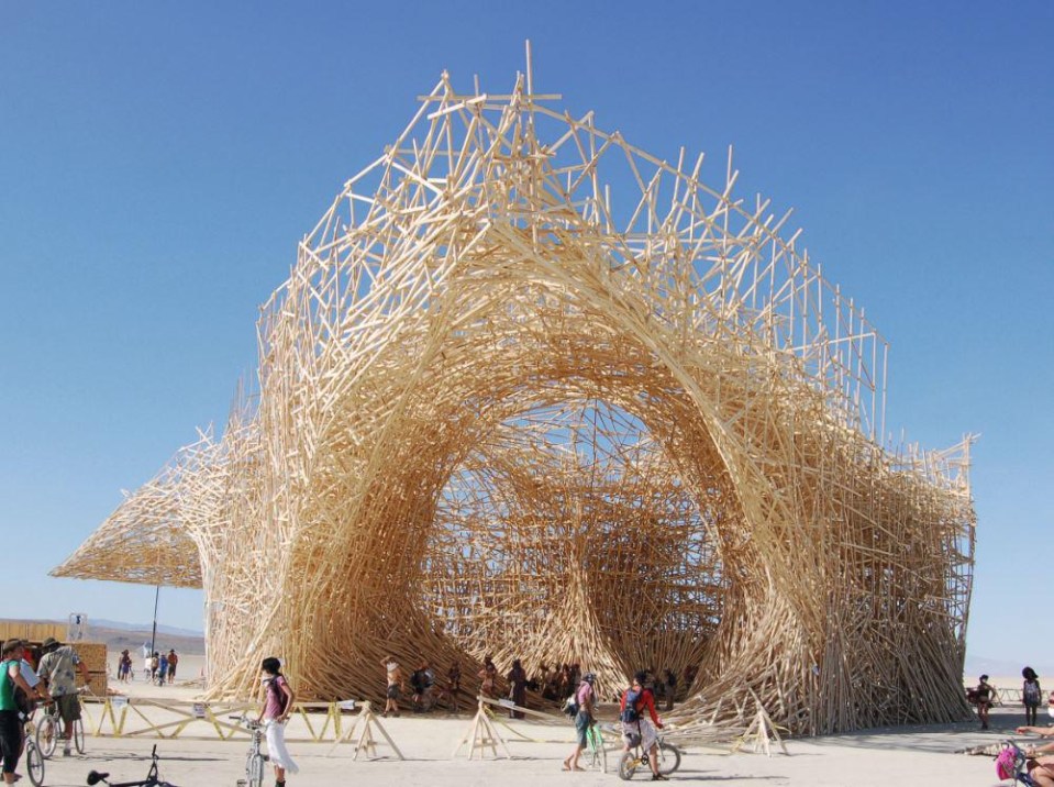 Using 100 miles of wooden beams, this installation at Burning Man Festial in Nevada took 25 people over three weeks to build. At the end of the festival, it was was set alight