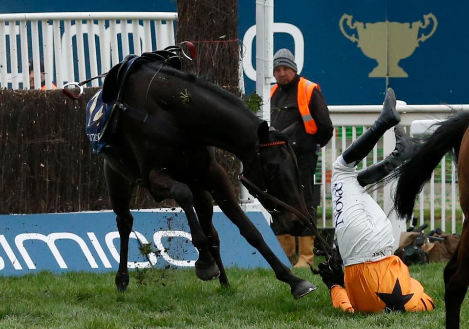  Teat For Two unseats Lizzie Kelly at the second fence after a nervous start