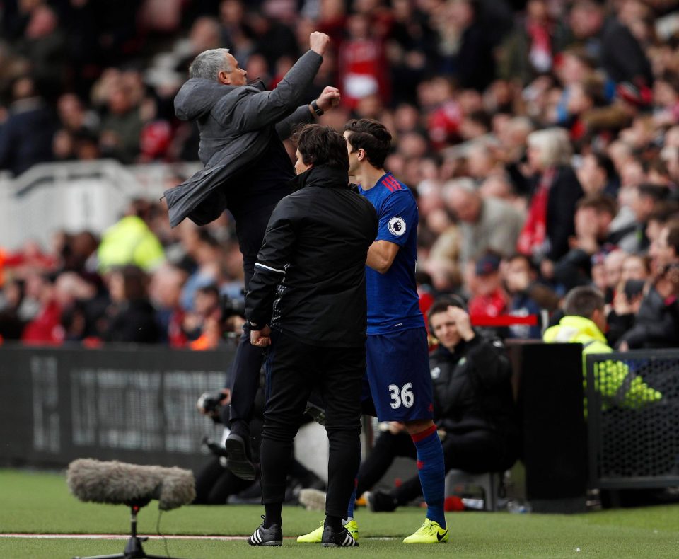  Jose Mourinho jumps for joy after finally getting the win to lift them up to fifth