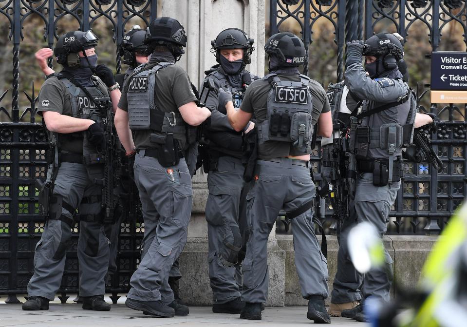  Cops gather outside Parliament after the attacker mowed pedestrians down