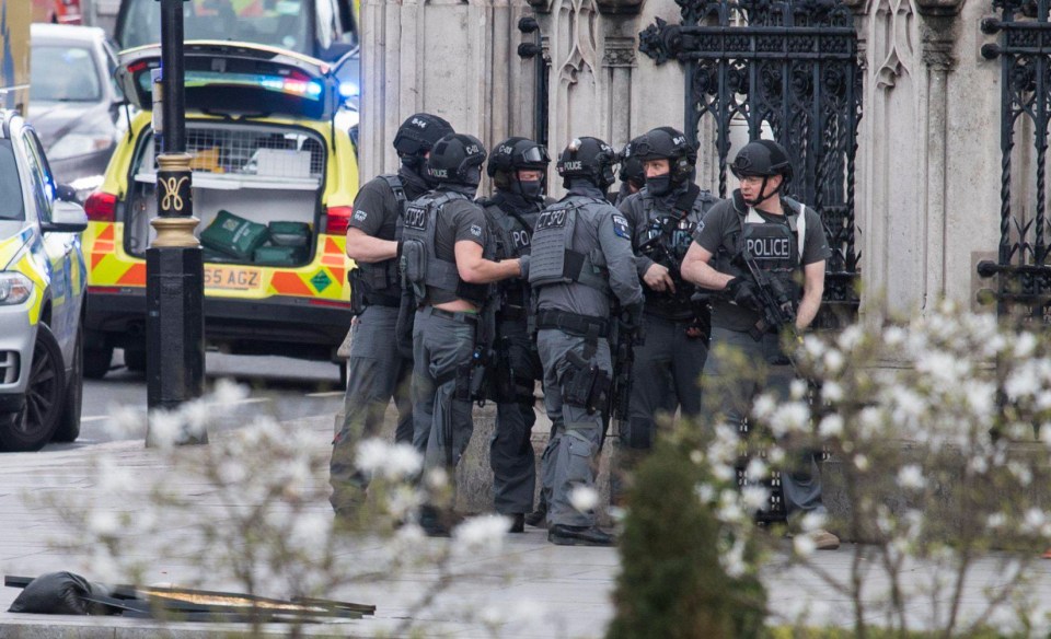 Armed police swarm the area in Westminster after a man was shot following a terror attack