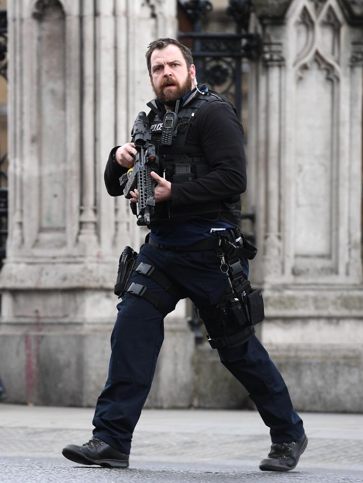  Officers with machine guns were pictured at the scene in Westminster