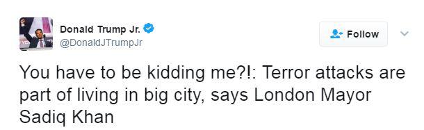  Donald Trump Jnr, tweeted a link to a story from the Independent about comments made by London Mayor, Sadiq Khan, in September