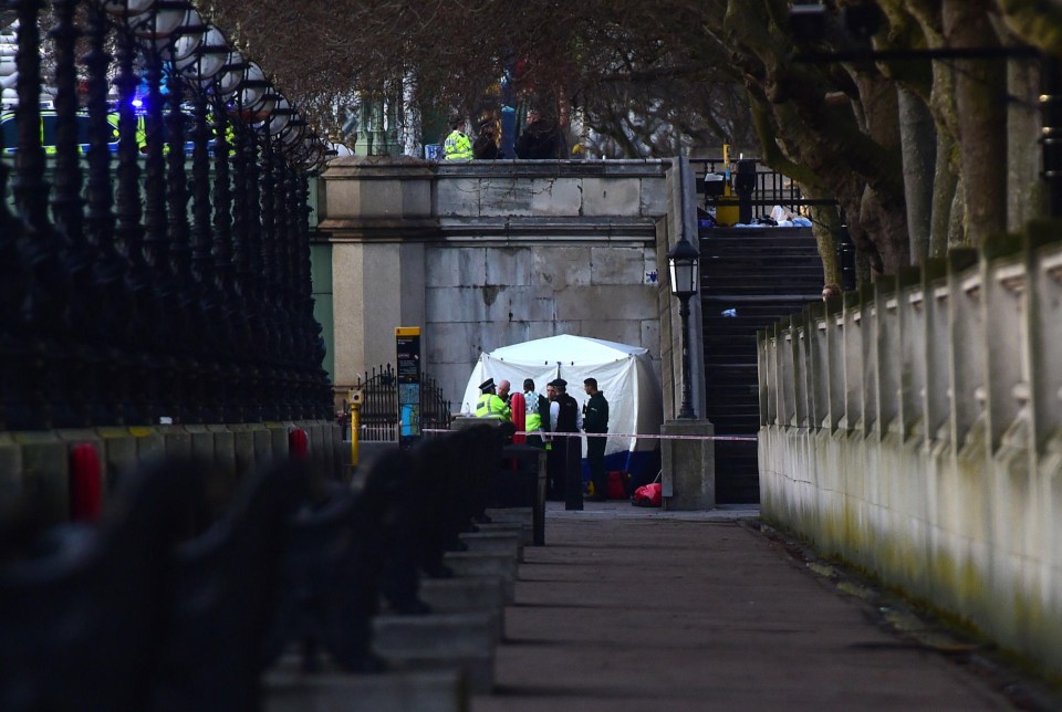 A forensic tent is seen near St Thomas' Hospital in London, after at least four people have died after a knifeman brought terror to the heart of Westminster