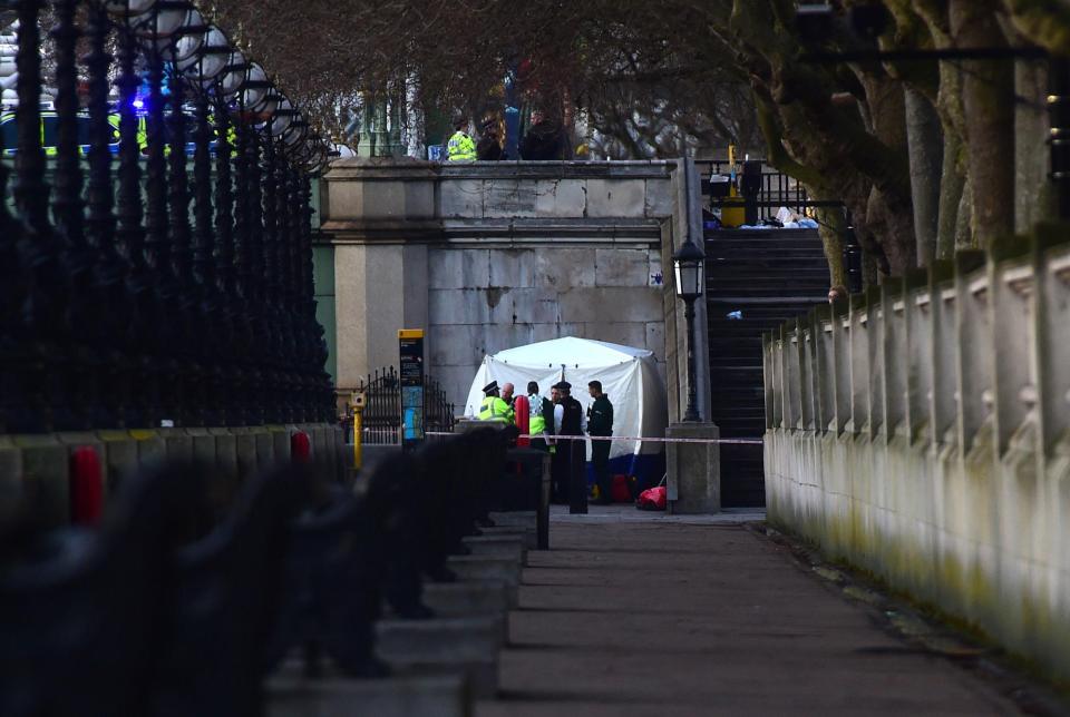  A forensic tent is seen near St Thomas' Hospital in London, after at least four people have died after a knifeman brought terror to the heart of Westminster