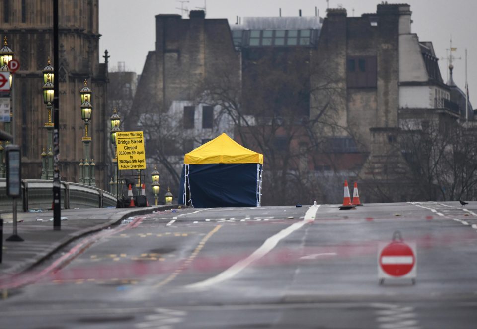  A forensic tent sits near the scene where a group of French teens were run over during the Westminster terror attack