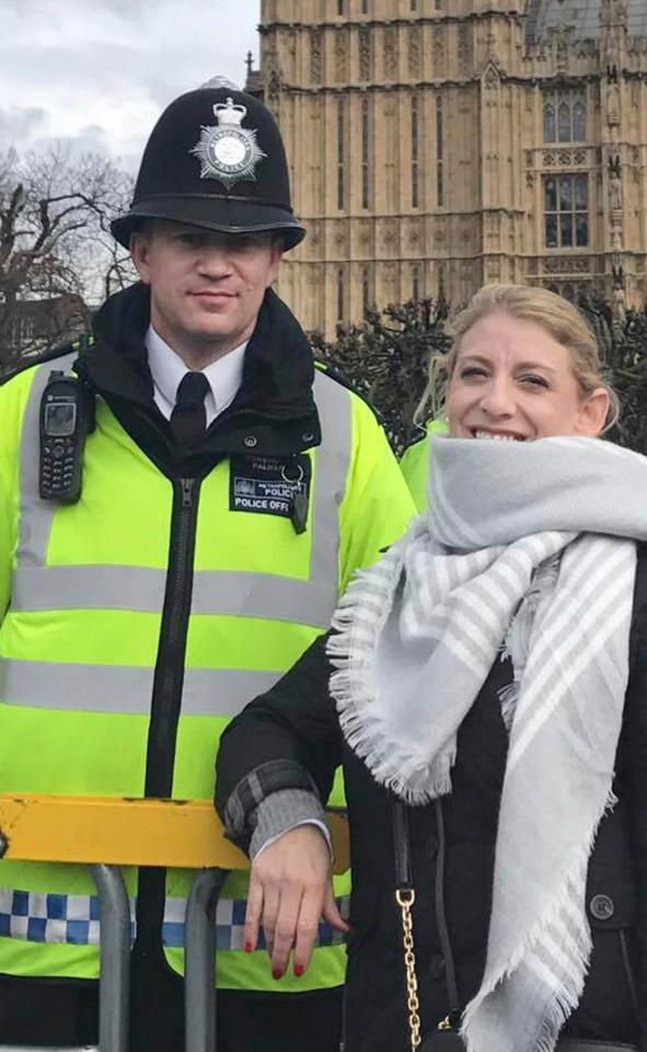  Mr Palmer, pictured with an American tourist shortly before the attack, was guarding the Palace of Westminster when he lost his life