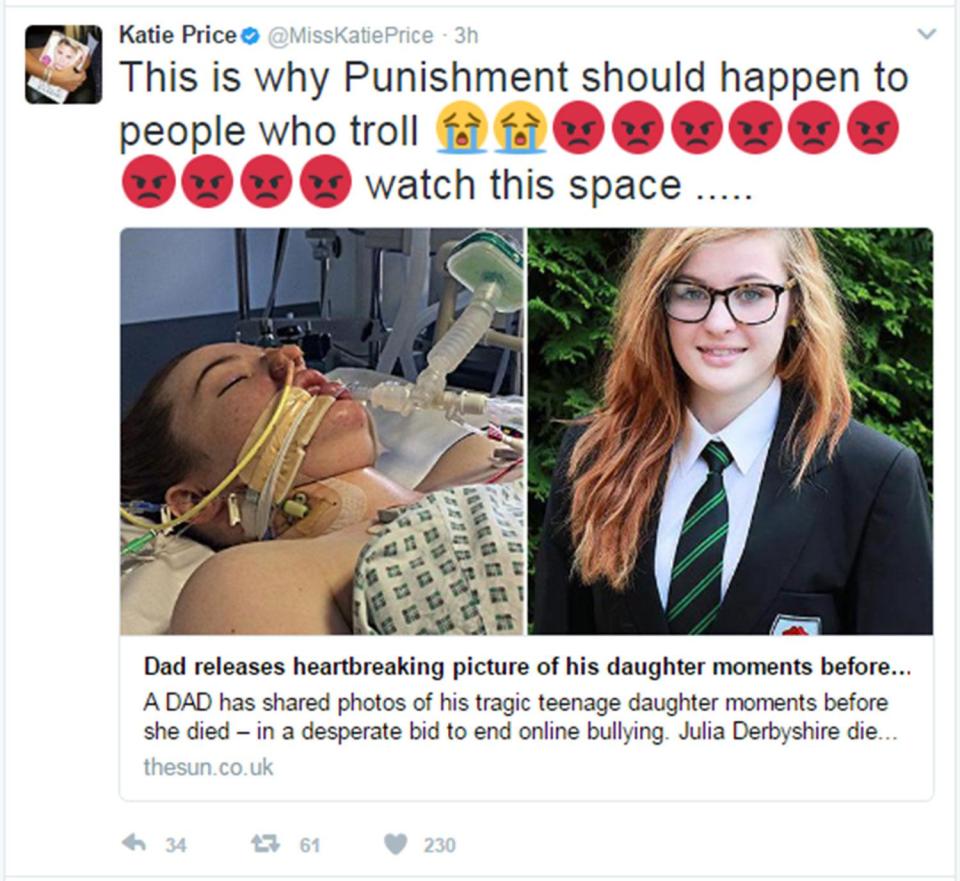  Online bullies caused Julia Derbyshire, 16, to take her own life - and Katie Price has called for harsher punishments