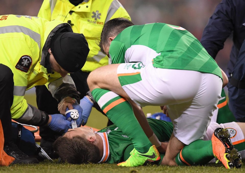  Seamus Coleman was tended to by paramedics as Ireland team-mate Shane Long gets close to give support