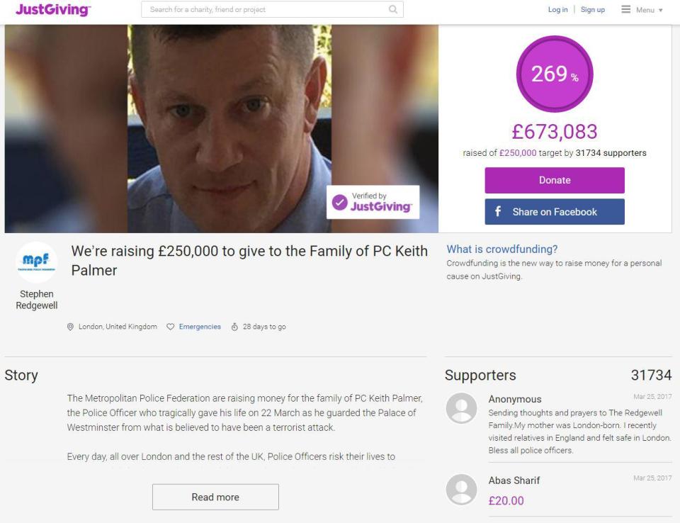  Fundraising website JustGiving has been criticised for taking an admin fee from donations to a fund for Mr Palmer