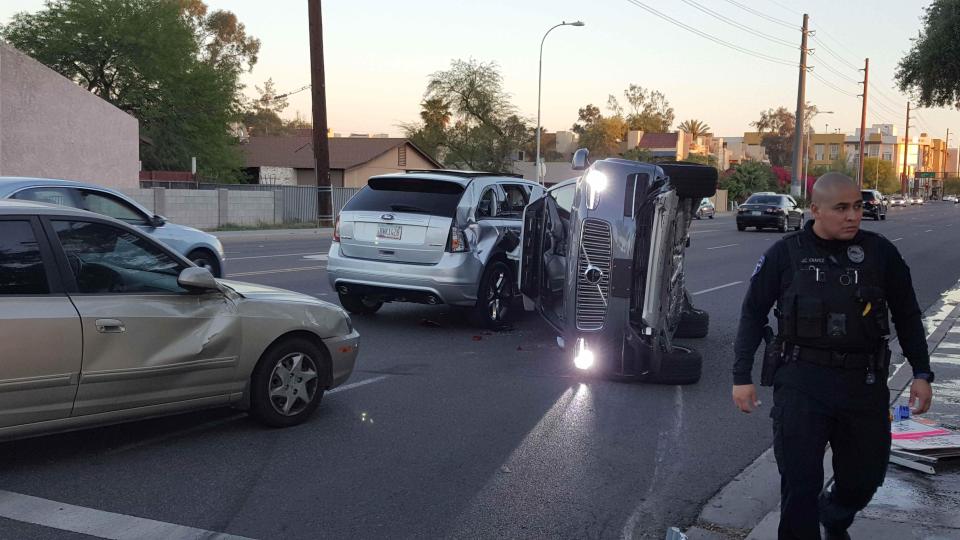  A driverless Volvo SUV was turned on its side after it was involved in a crash while being operated by Uber Technologies