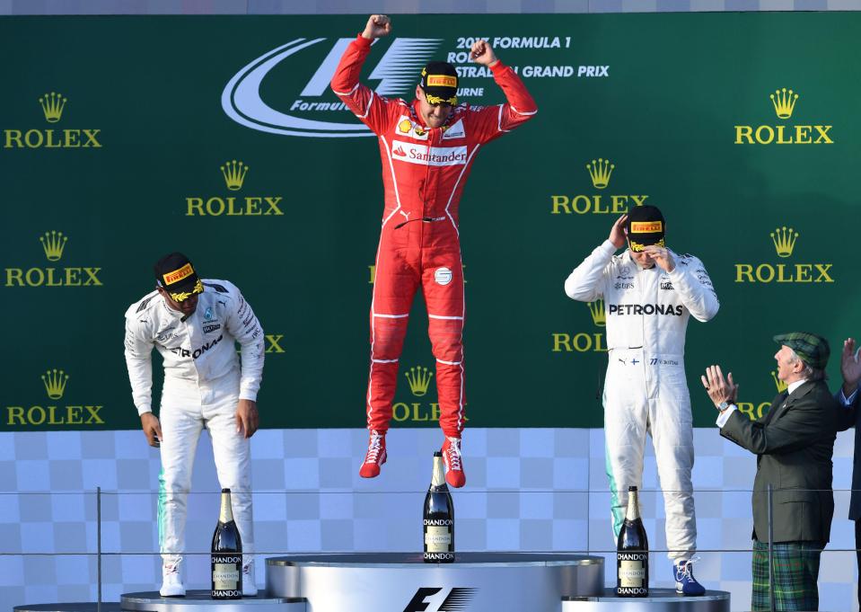  The German jumps for joy on the top step of the podium