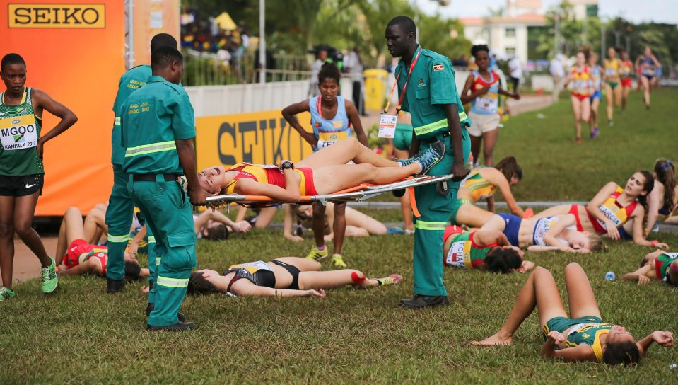  Exhausted athletes at the finish line during the U20 women race in Uganda