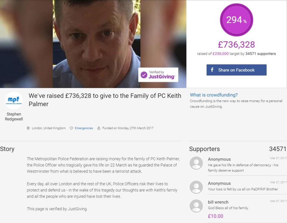  A JustGiving page to support the family of murdered PC Keith Palmer has almost tripled its target