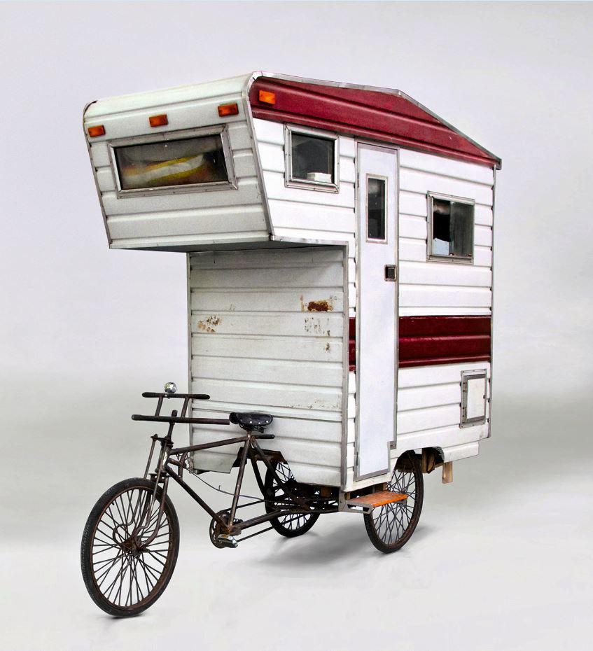 The camper bike was created by the artist Kevin Cyr 