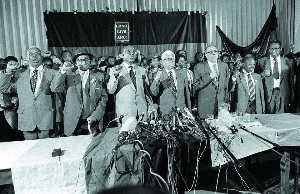 Anti-apartheid ANC struggle stalwarts Raymond Mhlaba, Oscar Mpetha, Andrew Mlangeni, Walter Sisulu, Ahmed Kathrada, Elias Motsoaledi and Wilton Mkwayi after their release in 1989