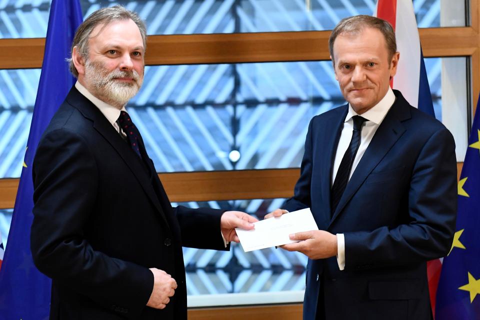  We're off . . . British ambassador to the EU Tim Barrow hands Article 50 letter to Donald Tusk