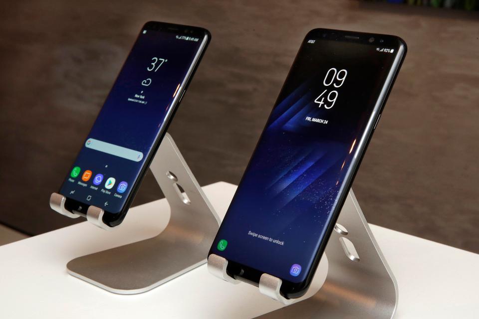  The new Samsung Galaxy S8, left, and Galaxy S8 Plus mobile phones are displayed in New York