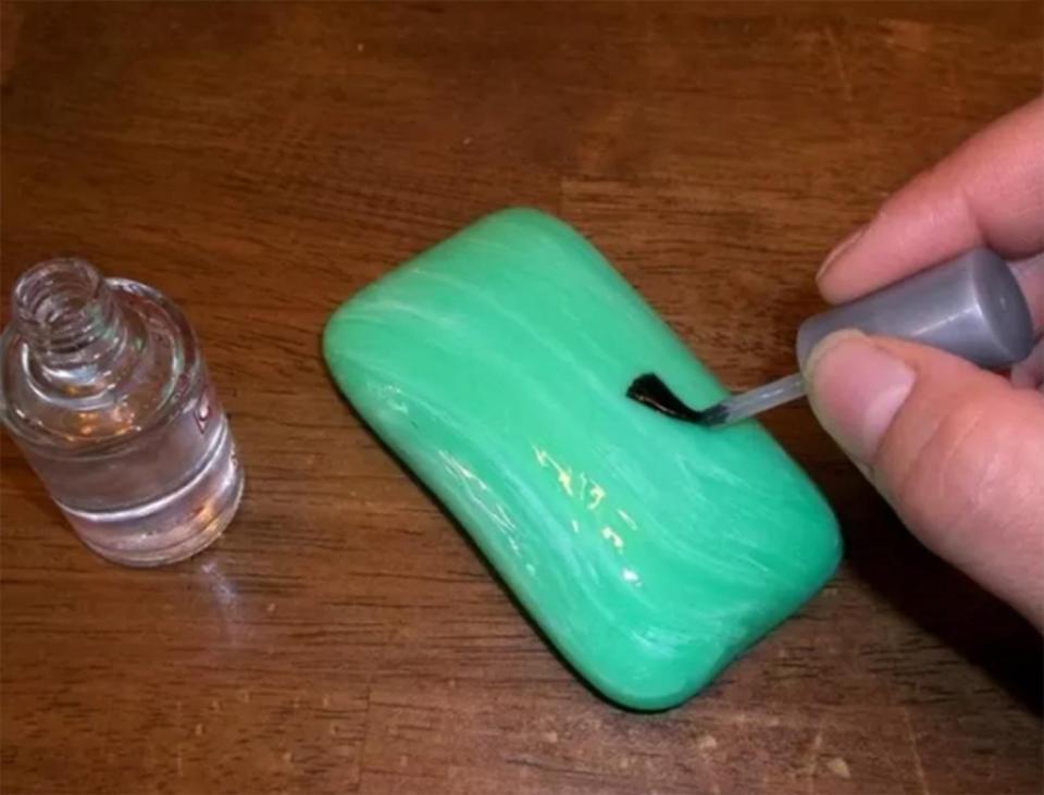  Paint nail varnish onto a bar of soap, so it won't lather