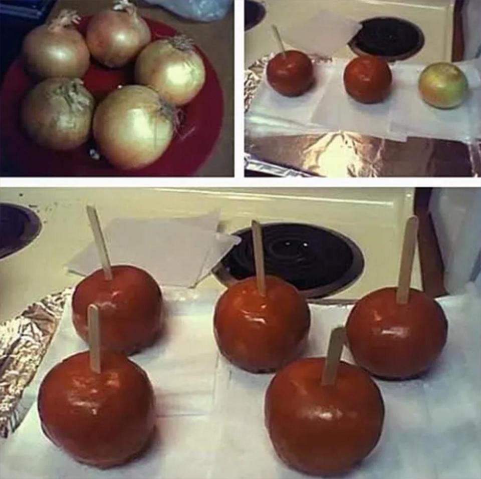  Make onions into toffee apples, to give your kids a weepy surprise when they bite in