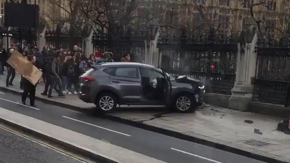  A car slammed into railings outside Parliament