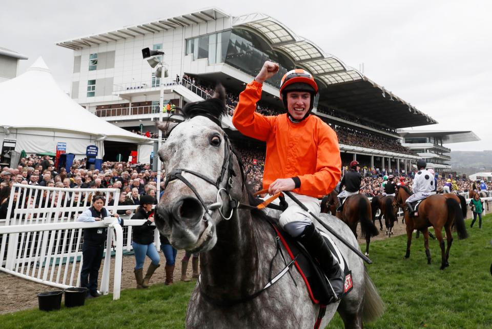  Jack Kennedy celebrates as Labaik takes the Supreme on the first day of the Cheltenham Festival