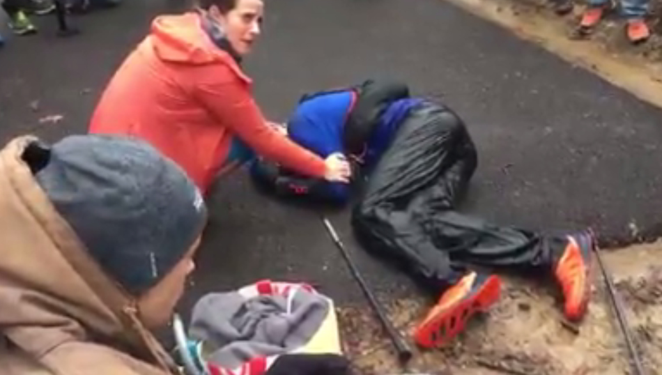  Gary collapses in exhaustion after completing the 100-mile race