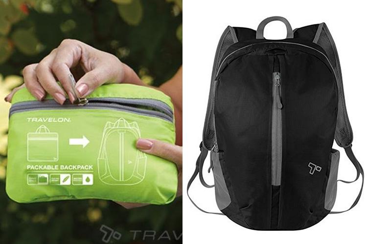  The Travelon Packable Backpack folds into a pocket for packing and opens to full-size backpack