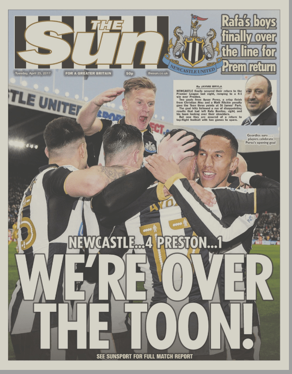  The Sun's iconic back page celebrating Newcastle's promotion to the Premier League