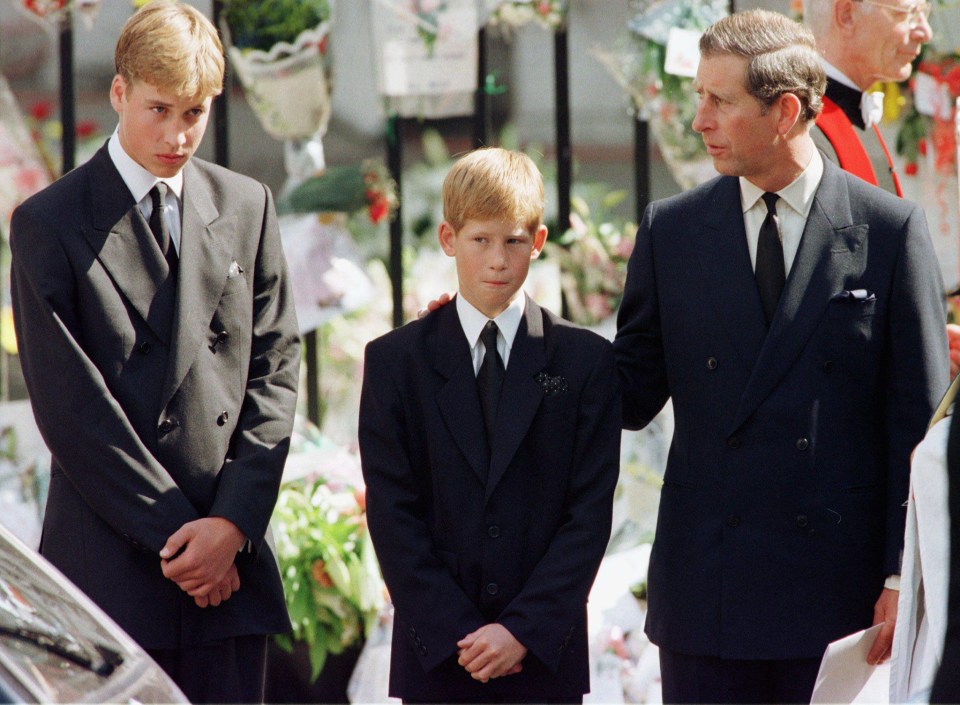 The royal brothers with dad Charles at Diana’s funeral