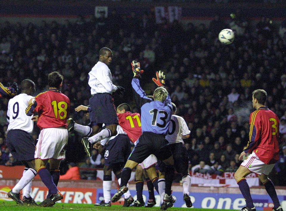  Ugo Ehiogu scores his only goal for England in a 3-0 win over Spain