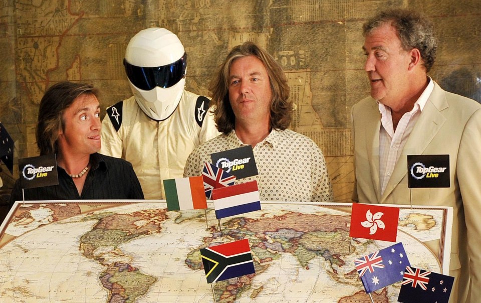 Ben Collins’ White Stig with the original presenters Richard Hammond, James May and Jeremy Clarkson before things turned sour