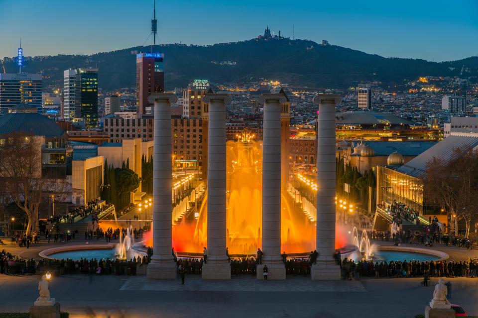  Water jets dance to music at the Magic Fountains on the Montjuic hill