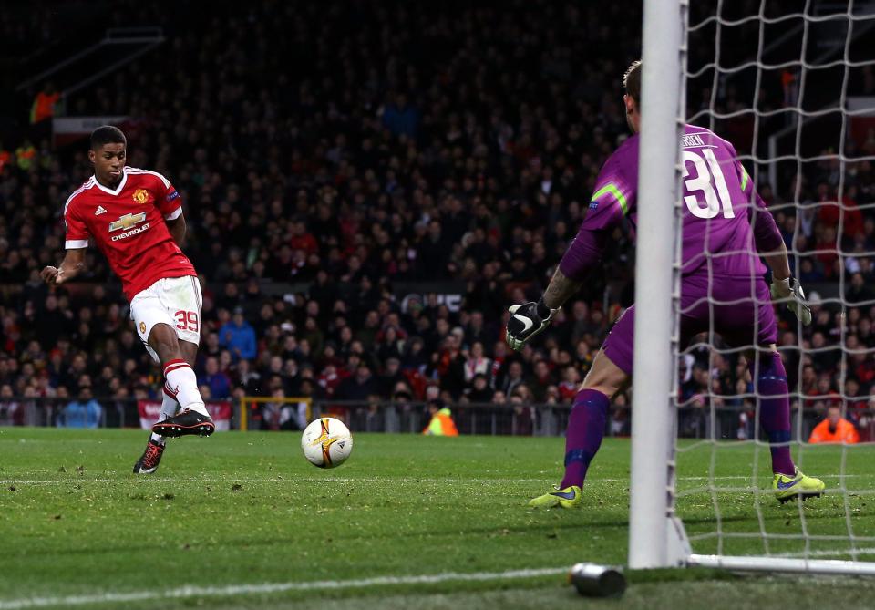  Marcus Rashford scored twice on his Europa League debut against FC Midtjylland