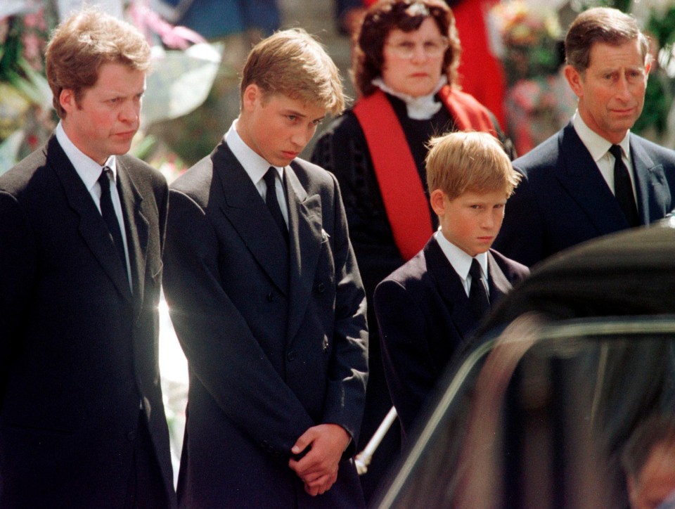 Diana's brother Earl Spencer with Prince William, Prince Harry and Prince Charles during Diana's funeral in 1997