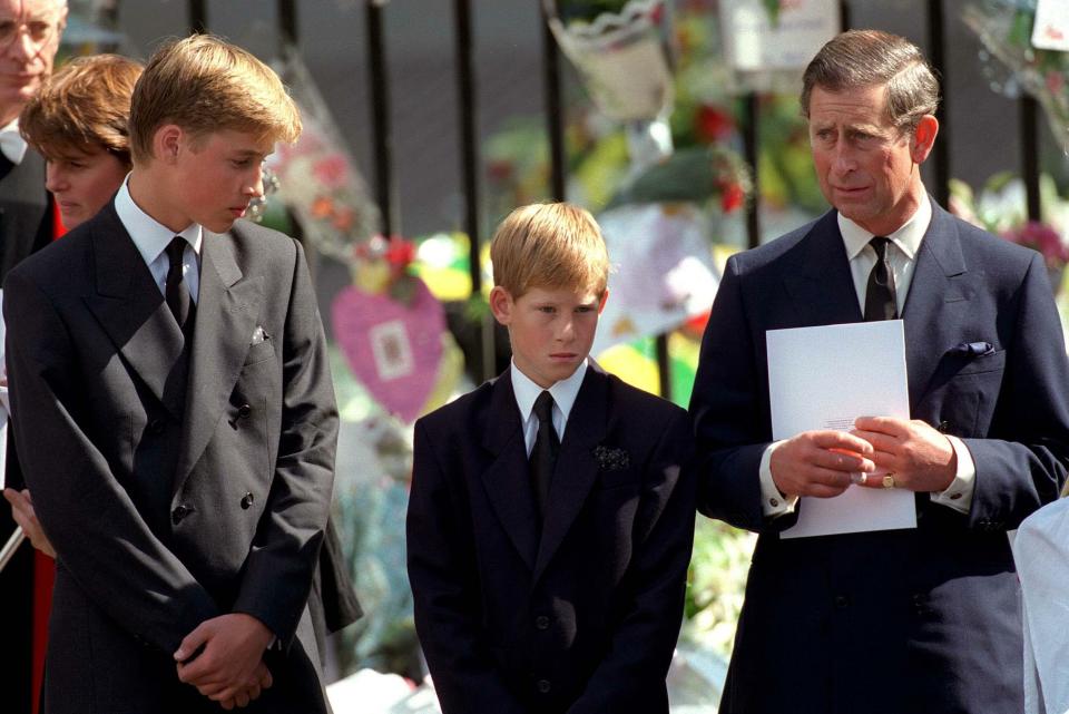  Princes William, Harry and Charles at Princess Diana's funeral in 1997